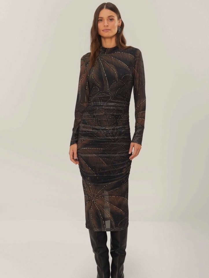 Farm Rio Black Golden Foliage Midi Dress